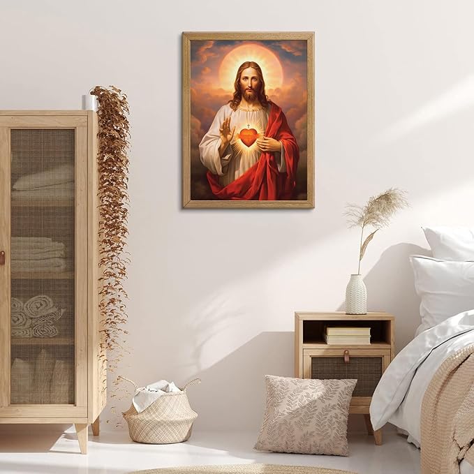 Framed Sacred Heart of Jesus Canvas Wall Art Divine Mercy Painting Picture Wall Decor Religious Christ Jesus Portrait Poster Prints Artwork for Dining Living prayer Room Bedroom Home Decor 8x10 in