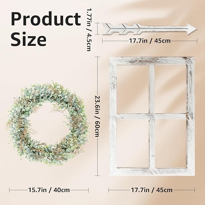 WAKOSAN Rustic Wood Window Frame with Green Wreath and Arrows Wall Decor, Farmhouse Wooden Fake Window Decoration for Bedroom Living Room,Set of 2 (Large White)
