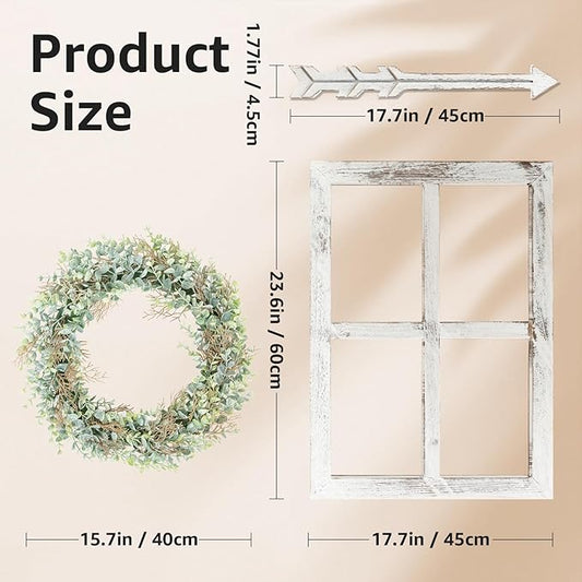 WAKOSAN Rustic Wood Window Frame with Green Wreath and Arrows Wall Decor, Farmhouse Wooden Fake Window Decoration for Bedroom Living Room,Set of 2 (Large White)