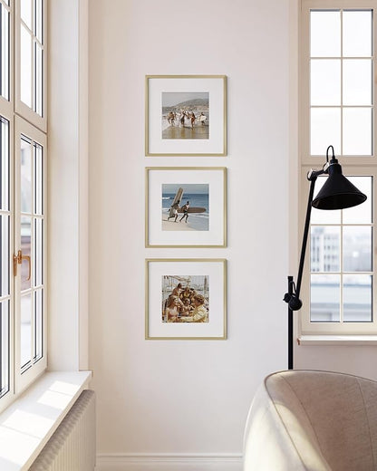 HAUS AND HUES 12x12 Gold Metal Picture Frames Matted to 8x8 - Features Premium Aluminum & Hanging Hardware, Shatterproof Plexiglass - Ideal for Home, Office (12x12 in, Gold, Set of 3)