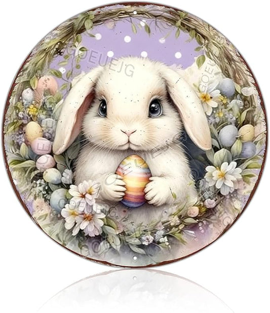 Easter Round Bunny Floral Wreath Metal Sign Design Rustic Farmhouse Decor For Spring Home Door Wall Seasonal Display 8X8Inch