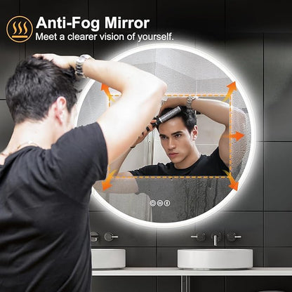 S·BAGNO 40’’ Round Led Bathroom Mirror with Lights, Backlit and Front Lighted, Anti-Fog Wall-Mounted Vanity Mirror 3000K/4000K/6500K, Dimmable Inside Bluetooth Speaker Smart Mirror