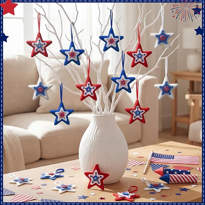Soulchen 12 Pcs Red White Blue Ornaments Patriotic Felt Star Hanging Ornaments 4th of July Stuffed Star Hanging Decor for 250th Anniversary Memorial Independence Day Farmhouse Party