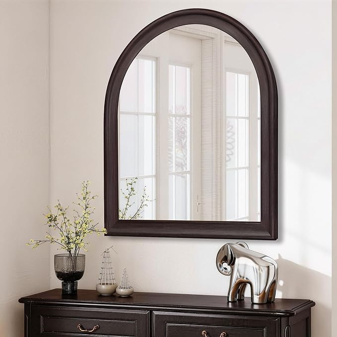 Tanmicoshomy Dark Brown Framed Arched Bathroom Mirror 30x36 Inch, Wall Mirrors with Tempered Glass for Living Room, Bedroom or Entryway