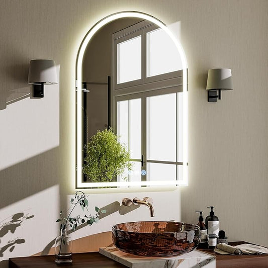 BEAUTYPEAK LED Arch Bathroom Mirrors with Lights, 36x24 Arch Mirror with Metal Frame, Anti-Fog,LED Mirror with Front Light and Backlit, Memory Function for Bathroom, Dressing Room