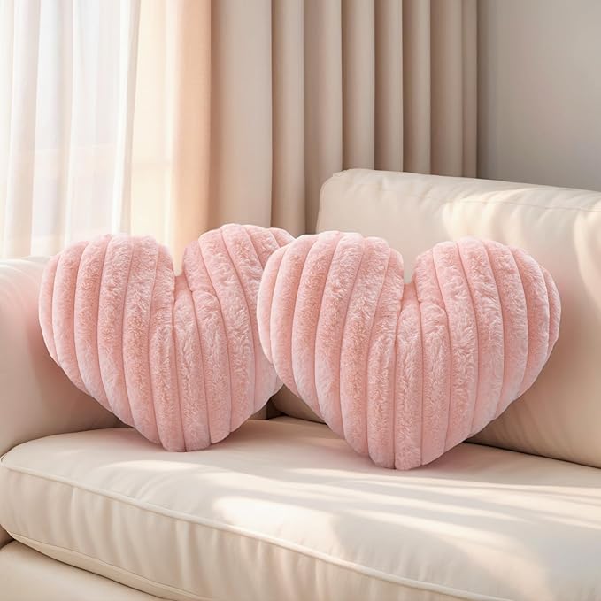 16 Inch Heart Pillow Cute Soft Decorative Throw Pillows, Heart Shaped Fluffy Faux Fur Pillows Cushions for Couch Sofa Bed Bedroom Room Home Decor Aesthetic (2, Pink, Medium-16 x13)