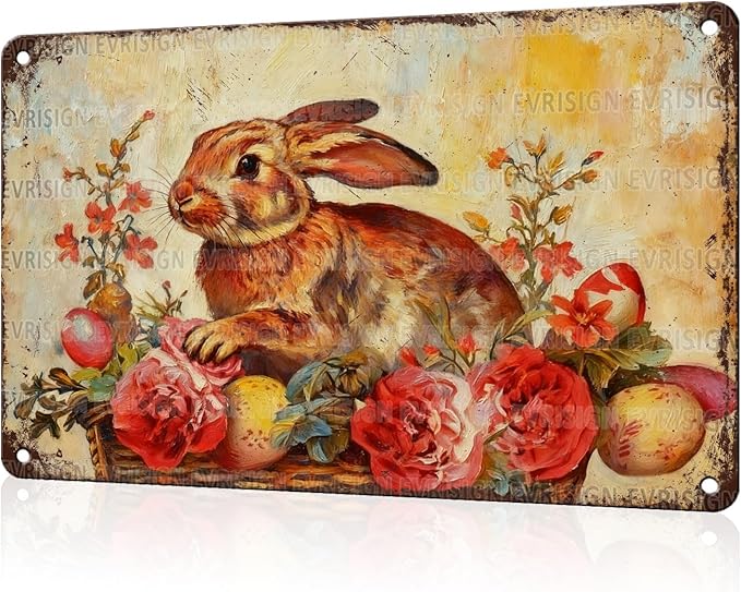 Bunny In Basket Metal Sign Easter Spring Theme Pink Flowers Eggs Design Rustic Farmhouse Wall Decor For Home Kitchen Garden Seasonal Decor 8x12Inch