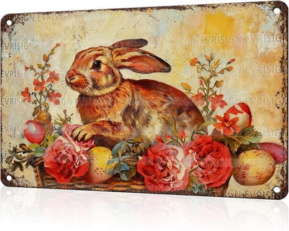 Bunny In Basket Metal Sign Easter Spring Theme Pink Flowers Eggs Design Rustic Farmhouse Wall Decor For Home Kitchen Garden Seasonal Decor 8x12Inch