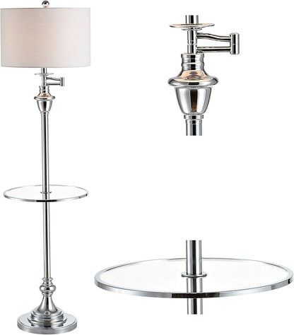 JONATHAN Y 60" Chrome Floor Lamp with Integrated Glass Side Table, Modern Swing Arm Standing Lamp for Living Room, White Linen Shade, LED Bulb Included (JYL3055B)