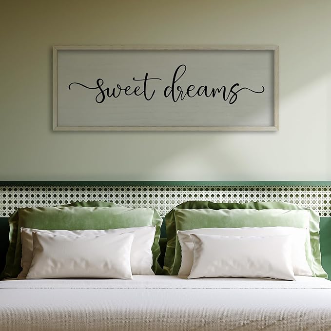 FZMHASLWW Bedroom Above Bed Wall Decor Sweet Dreams Sign 32"×12" Cozy Quote for Over Bed Farmhouse Large Rustic Minimalist Couples Horizontal Wall Hanging Decoration (White)