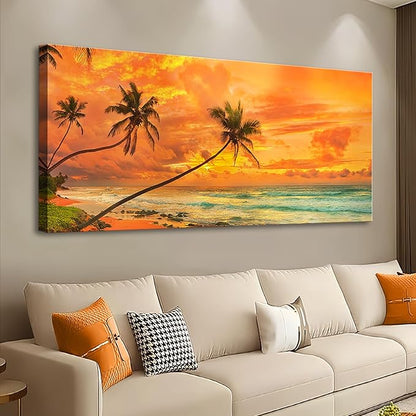 Beach Sunset Wall Art, Large Canvas Painting for Living Room, Ocean Waves Nature Seascape Pictures, Coastal Wall Decor for Bedroom, Beach Pictures for Bathroom Home Office Decoration 20x40 Inches