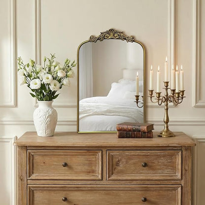 Gold Baroque Vintage Mirror for Vanity 24x16Inch Gold Antique with Ornate Frame, Arched Vintage Wall for Bathroom, Living Room, Fireplace, Entryway (Golden (Arched 7), 24"L x 16"W（Vertical ）)