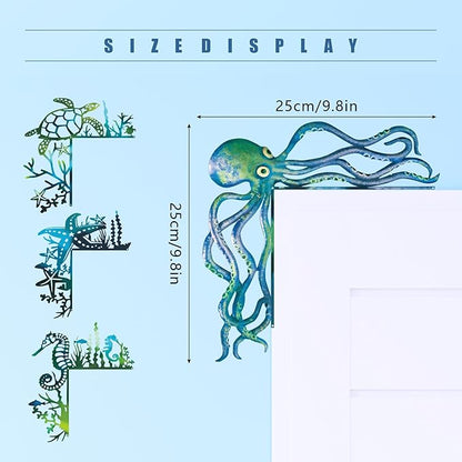 2025 4PCS Sea Turtle Door Frame Decoration, Ocean Door Frame Decoration Set Metal Turtle Octopus Starfish for Window, Shelf, Table, and Corner Sign Home Décor Accent