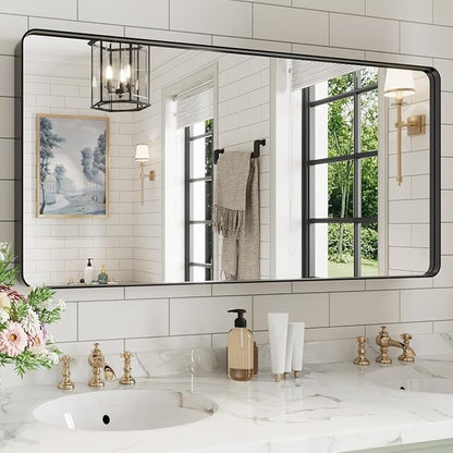 WEER Black Bathroom Mirror for Wall, 48X24 Inch Matte Black Mirror, Rectangular Black Metal Framed Vanity Mirror with Tempered Glass, Rounded Corner, Anti-Rust (Horizontal/Vertical)