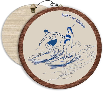 Western Coastal Cowboy Hanging Wall Decor, Coastal Cowgirl Round Room Decor,Surf's Up Cowboy Wooden Wall Art, Beachy Western Decorations for Apartment Home Living Room Bedroom Bathroom Office, 06