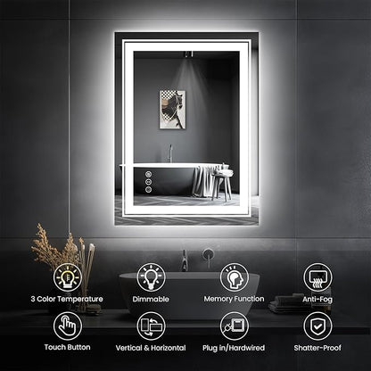 Snowdool LED Bathroom Mirror, 20"x28" Mirror with Front and Backlit, Anti-Fog, Bathroom Vanity Mirror for Wall, Memory, Stepless Dimmable, Tempered Glass (Horizontal/Vertical)