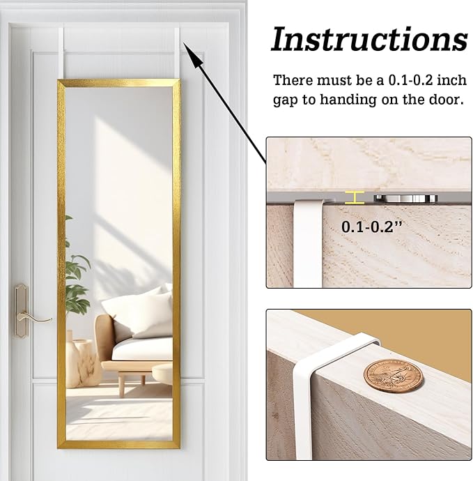whitebeach 48" x 16" Over The Door Full Length Mirror Hanging Door Mirror Wall Mirror Hanging Dress Bedroom Gold