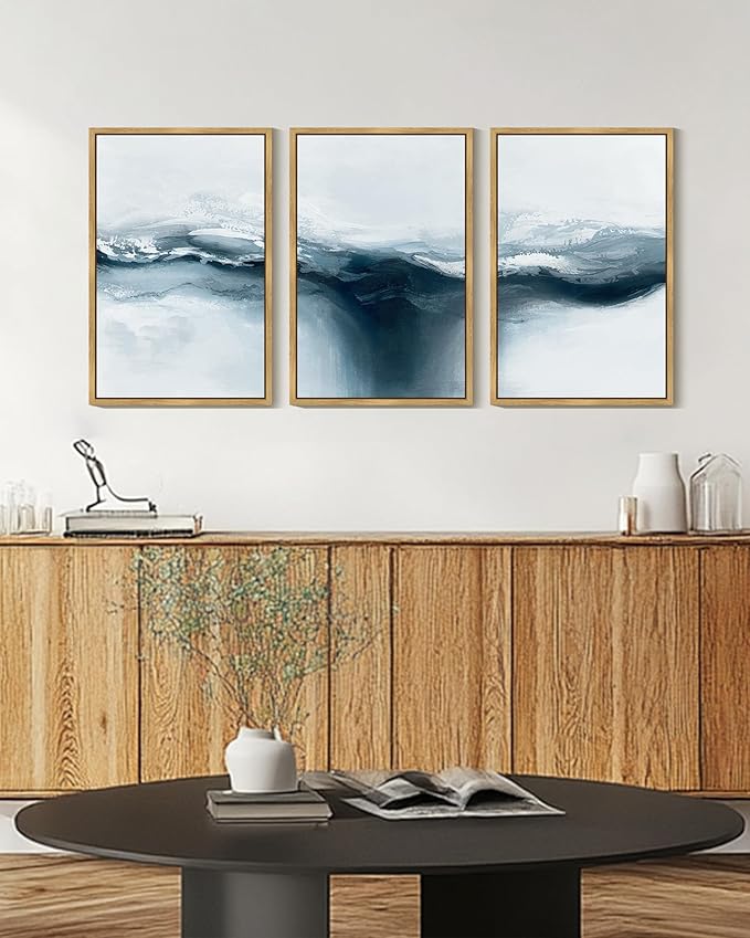 PHOPAGO Blue Abstract Framed Wall Art Large 16x24in Ocean Landscape Wall Decor Modern Art Paints for Living Room Bedroom - Natural Framed
