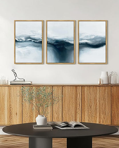 PHOPAGO Blue Abstract Framed Wall Art Large 16x24in Ocean Landscape Wall Decor Modern Art Paints for Living Room Bedroom - Natural Framed