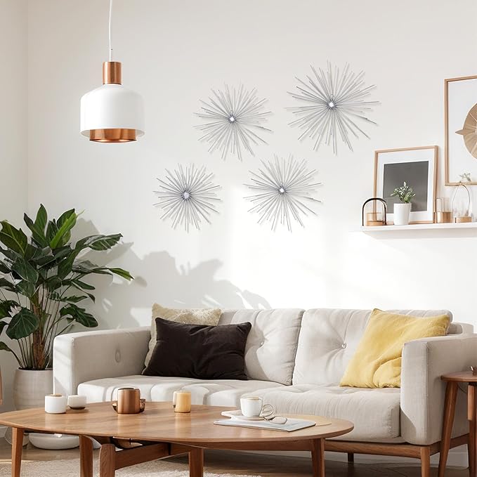 Shimeyao 4 Pcs Metal Starburst Wall Decor Silver Metal Wall Art 3D Spike Bling Finish Star Burst Hangings Accents Sculptures Set Modern Mid Century Decorations for Living Room Bedroom Entryway