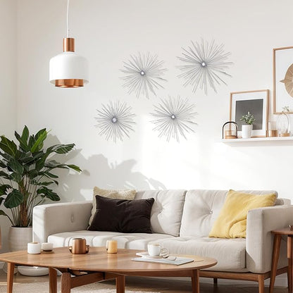 Shimeyao 4 Pcs Metal Starburst Wall Decor Silver Metal Wall Art 3D Spike Bling Finish Star Burst Hangings Accents Sculptures Set Modern Mid Century Decorations for Living Room Bedroom Entryway