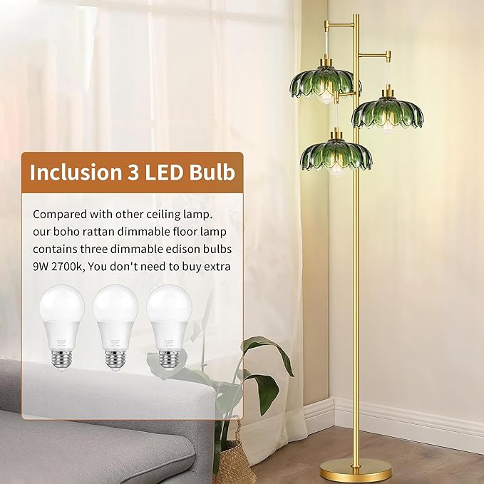 AHDWDW Gold Floor Lamp for Living Room Bedroom,Modern Floor Lamps with Unique Green Glass Shades,3 Lights Mid Century Tall Standing Lamp,Vintage Tree Flower Floor Lamp for Corner Office Reading