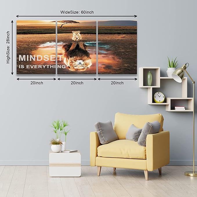 KAWAHONE Motivational Lion King Mindset Wall Art Gold, Success Cat Reflect Lion Mindset is Everything Quotes Poster Positive Affirmation Wall Decor Inspirational Canvas Painting Wall Hanging Picture