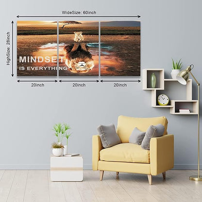 KAWAHONE Motivational Lion King Mindset Wall Art Gold, Success Cat Reflect Lion Mindset is Everything Quotes Poster Positive Affirmation Wall Decor Inspirational Canvas Painting Wall Hanging Picture