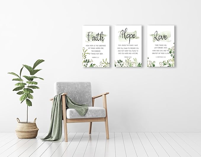 Faith, Hope & Love Bible Verse Inspirational Wall Art, Christian Canvas, A Great Religious Decor Gift for Living Room & Bedroom, (38 x 58cm x 3pcs) Framed (Green)