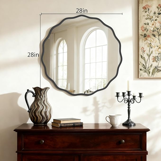 HOMECOOKIN 28" Wavy Round Wall Mirror, Black Scalloped Circle Mirror Edge Round with Metal Frame, Modern Decorative Hanging/Leaning Mirrors for Bathroom, Hotels, Hallway, Entryway, Vanity, Office
