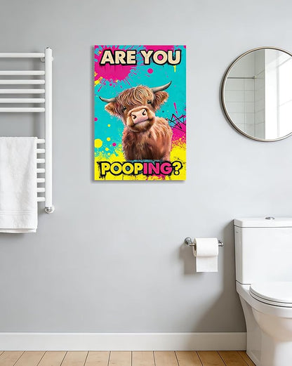 Funny Highland Cow Bathroom Canvas Wall Art Prints, Are You Pooping Sign, Colorful Pop Art Toilet Poster for Washroom, Graffiti Humorous Restroom Wall Decor, 16x24 Inch Framed Painting Ready to Hang