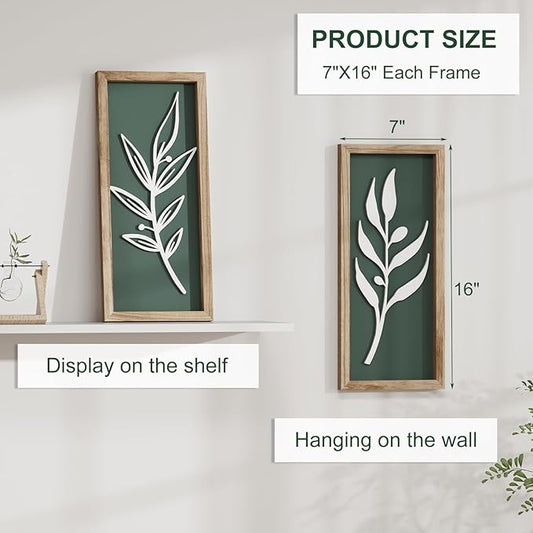 3D Wooden Leaf Sage Green Boho Wall Art (Set of 2) Lightweight, Vintage Framed Bathroom Botanical Wall Art for Bedroom, Living Room, Kitchen,Office and Hallway Decorations