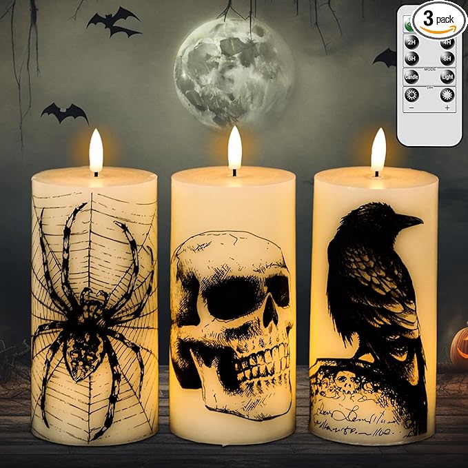 Halloween Flameless Candles Battery Operated with Remote and Timer, Real Wax 3D Wick LED Flickering Pillar Candles Skull Crow Spider Web Decals Dinner Halloween Decor(3 Pack, 3" D x 6" H)