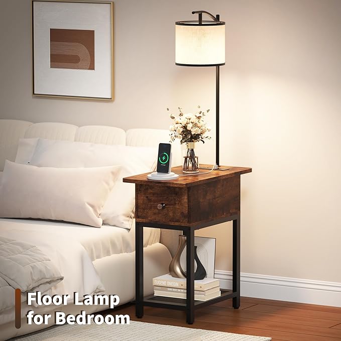 runjuly Floor Lamp with Table, Side Table with Lamp Attached, Narrow End Table with LED Lights and Charging Station, Nightstand with Wood Drawer for Living Room, Bedroom, Rustic Brown