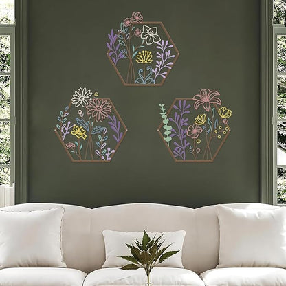 ESTART 3 Pcs Metal Flower Wall Decor, Minimalist Floral Wall Hanging Art, Abstract Line Floral Wall Art Sculpture for Bedroom Bathroom Living Room Kitchen Dining Room (Colorful)