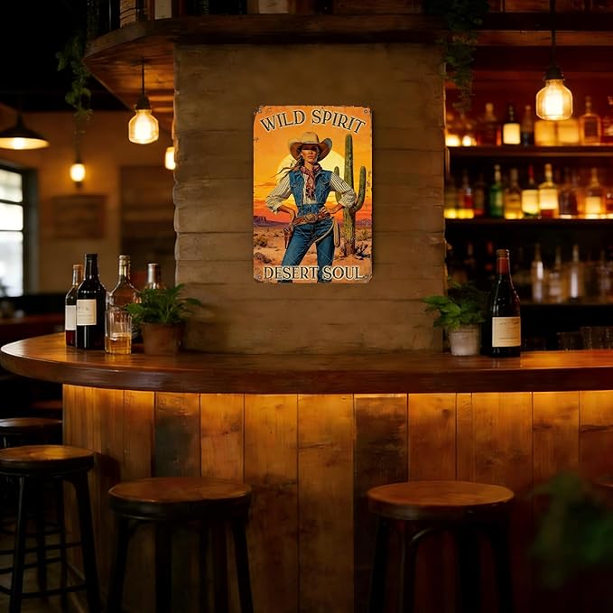 Cowgirl Vintage Metal Sign Wild Spirit Desert Soul Sign Retro Metal Plaque for Home Bar Garage Coffee Shop Wall Decoration 12x8 Inch