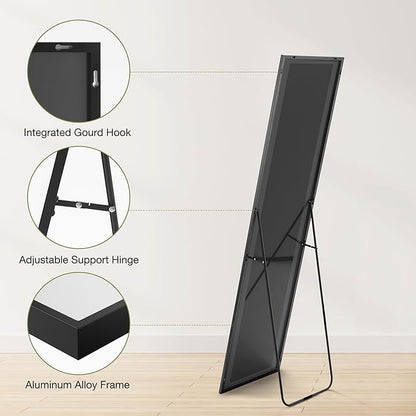 OLIXIS Full Length Mirror 59"x16.3" for Bedroom, Full Body Mirror with Stand, Hanging or Leaning for Wall, Aluminum Alloy Thin Frame Floor Standing for Living Room, Long, Black