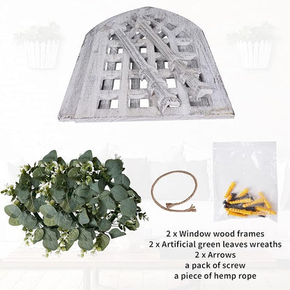 WAKOSAN Rustic Wood Window Frame with Green Wreath and Arrows Wall Decor，Farmhouse Window Frame Hanging Decor, Wooden Fake Decoration,Window Pane Wall Decor,Set of 2 (windows white)