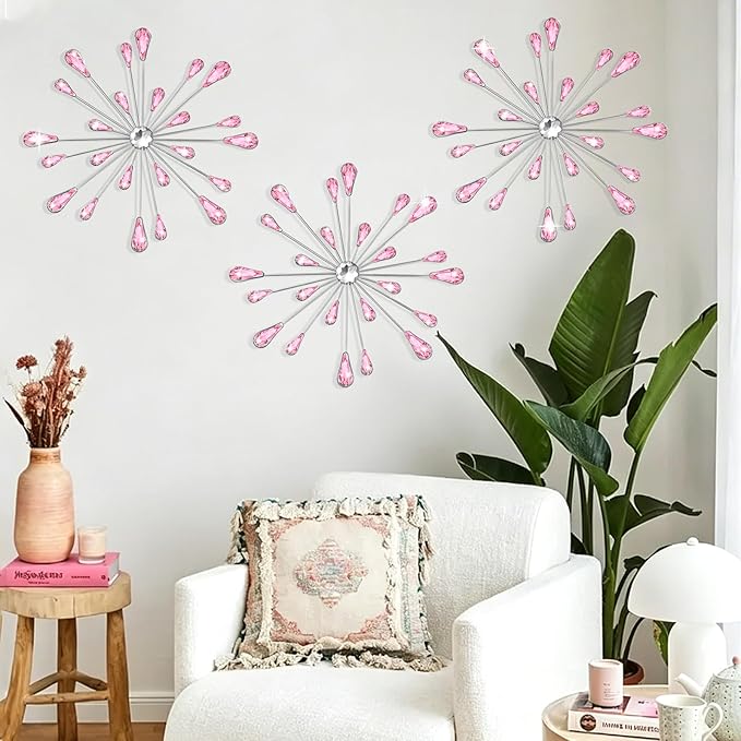 DXYAKY Set of 3 Pink Metal Starburst Wall Art Decor, Rhinestone Crystal Home Decor Accents, 11.8 Inch Decorative Wall Hanging Diamond, Jeweled Sparkle Wall Sculptures for Living Room Bedroom