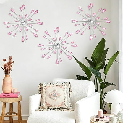 DXYAKY Set of 3 Pink Metal Starburst Wall Art Decor, Rhinestone Crystal Home Decor Accents, 11.8 Inch Decorative Wall Hanging Diamond, Jeweled Sparkle Wall Sculptures for Living Room Bedroom
