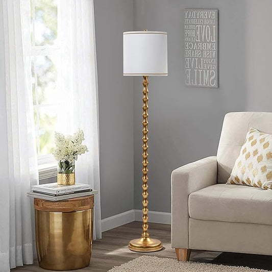EUO 64.5" Vintage Gold Floor Lamp, Mid-Century Modern Tall Standing Lamp with White Linen Drum Shade, Glam Metal Floor Lamp for Living Room Bedroom Corner Home Office