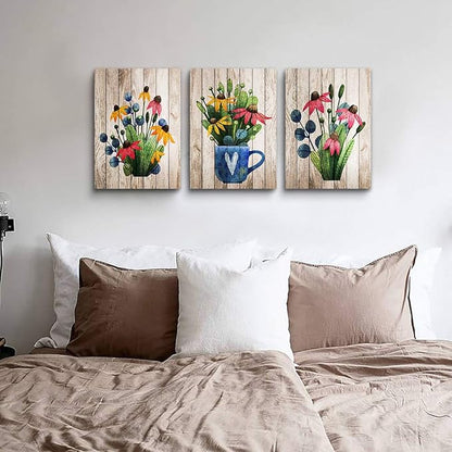 Canvas Wall Art For Kitchen Wall Decoration For Living Room Large Size Wall Decor For Bedroom Room Decor Vintage Wood Plant Flowers Wall Painting Office Wall Pictures Artwork Home Decor 3 Piece