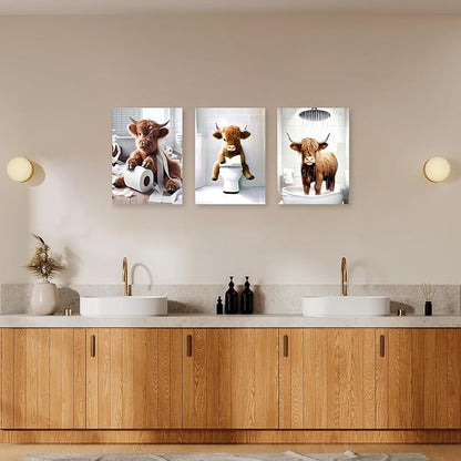 Westen Bathroom Decor Wall Art Framed,Funny Highland Cow Wall Art,Western Bathroom Decor Sign,Farmhouse Cow Pictures for Bedroom Office Restroom,12"x16",Framed