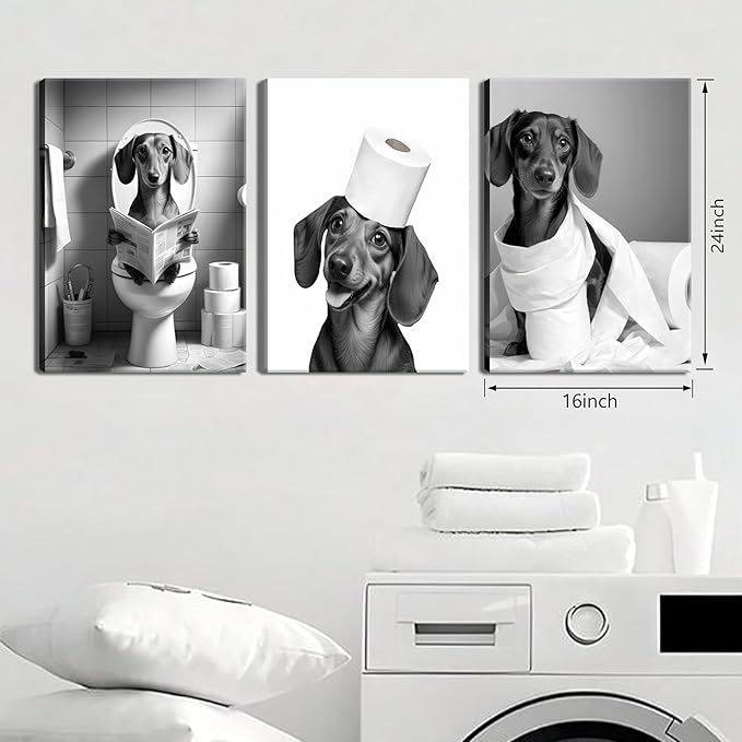 Funny Dachshund Dog Wall Art Set of 3, Dachshund Bathroom Wall Decor Paintings, Black and White Dog Pictures Animal Canvas Posters Prints for Bathroom Restroom Home Decor Framed 16x24 Inch