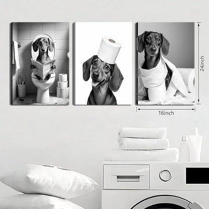 Funny Dachshund Dog Wall Art Set of 3, Dachshund Bathroom Wall Decor Paintings, Black and White Dog Pictures Animal Canvas Posters Prints for Bathroom Restroom Home Decor Framed 16x24 Inch