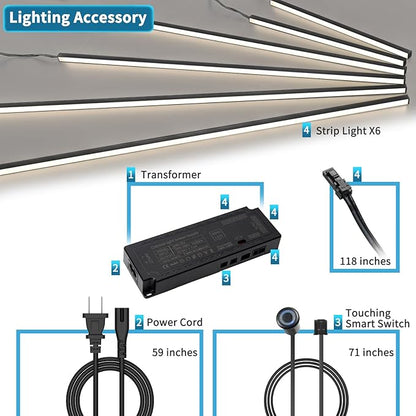 Art3d LED Recessed Lighting Kit - 6pcs Self-Adhesive White LED Light with Smart Switch, 3000k Touching Switch Light for Wood Slat Wall Panels, Headboards, Stairs, Under Cabinet, Home Decor