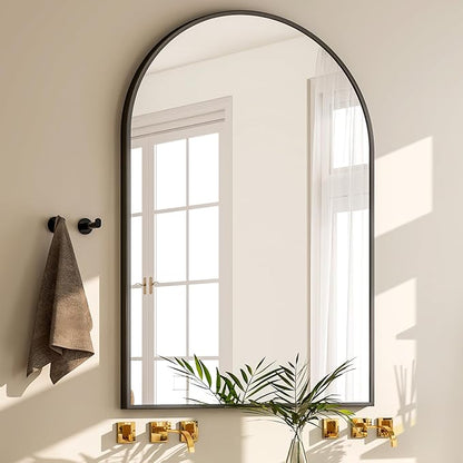 GLSLAND 24“x36” Arched Bathroom Mirror for Wall, Metal Frame Vanity Mirror, Arch Decorative Wall Mirrors for Living Room, Bedroom, Entryway, Mantle Black Dresser Mirror