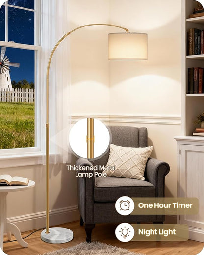 75" Arc Floor Lamp with Marble Base and Adjustable Height, Rotating Hanging Shade, Dimmable Floor Lamp for Living Room with Remote and Foot Switch, 3CCT, Over Couch Arched Light, White Gold DW15LD05