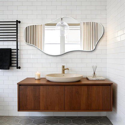 Irregular Wall Mirror, 47.2"x24" Silver Asymmetrical Tempered Glass Mirror, Modern Abstract Frameless Mirrors for Living Room Bedroom Hallway Entryway, Horizontal or Vertical Hanging