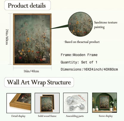Vintage Wildflower Wall Art, Green Flower Wall Decor Painting, Hand Drawn Sandstone 3D Textured Farmhouse Botanical Nature Landscape Artwork for Living Room Bedroom 16x24 inch Wood Framed